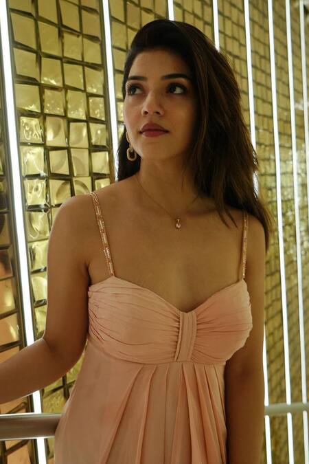 Shop_Masumi Mewawalla_Pink Silk Sweetheart Neck Pleated Yoke Embellished Strap Gown 