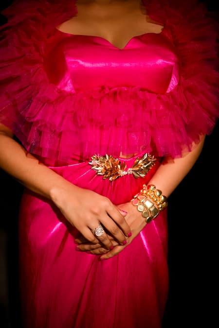 Shop_Masumi Mewawalla_Pink Maheshwari Ruffles Sweetheart Neck Top And Embroidered Draped Skirt Set 