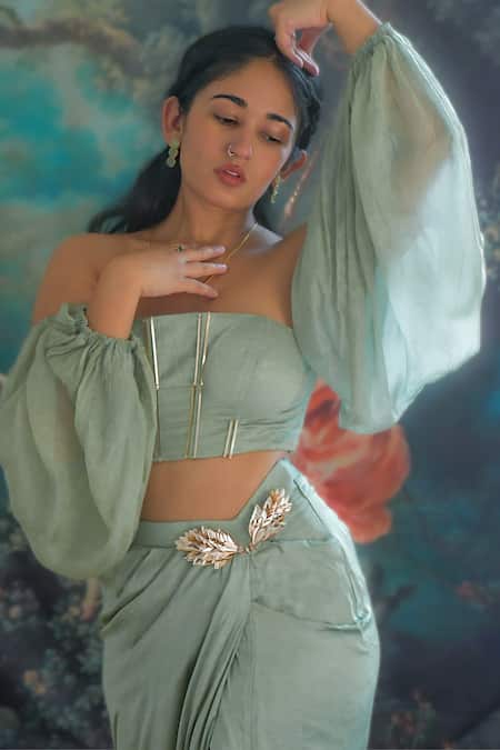 Masumi Mewawalla_Green Silk Embroidery Off-shoulder Corset Top And Draped Skirt Set _at_Aza_Fashions