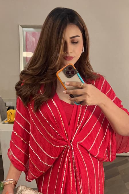 Buy_Masumi Mewawalla_Red Crepe Cut Work Plunge Neck Stripe Embroidered Draped Dress 