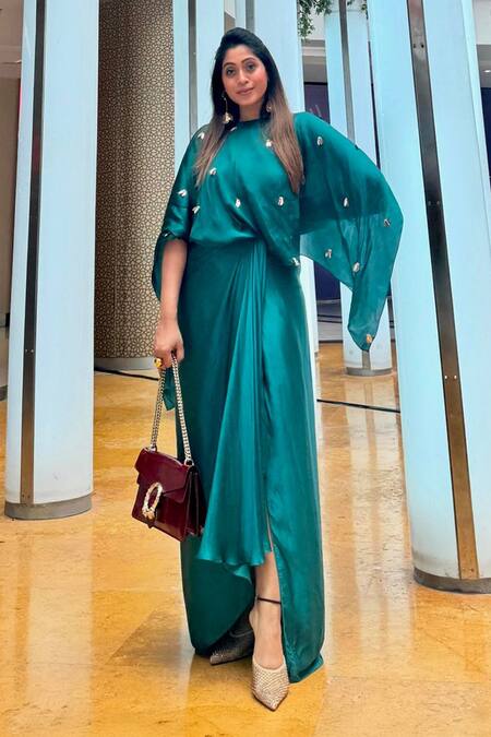 Buy Masumi Mewawalla Green Satin Embroidery Boat Neck Draped Dress Buy_Masumi Mewawalla_Green Satin Embroidery Boat Neck Draped Dress