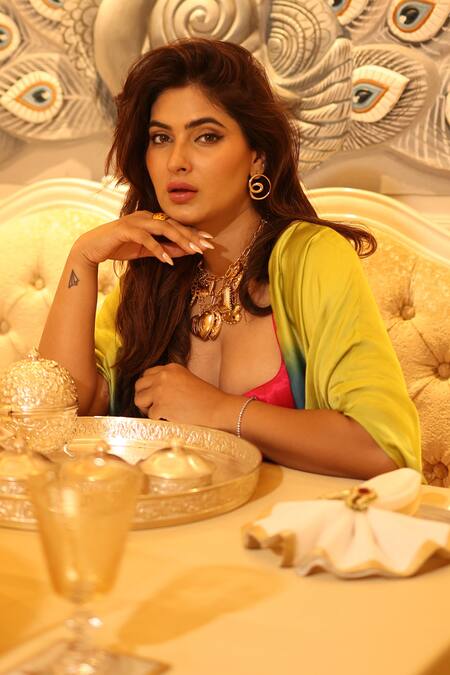 Buy_Masumi Mewawalla_Pink Gingham Sweetheart , Open Multicolor Ombre Shrug Set With Skirt 