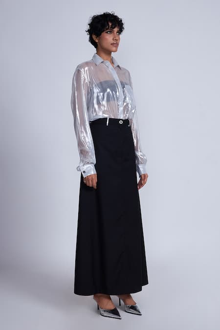 Advait_White Lurex Collared Foil Printed Lame Sheer Shirt _Online_at_Aza_Fashions
