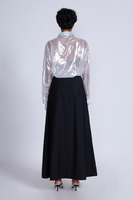 Shop_Advait_White Lurex Collared Foil Printed Lame Sheer Shirt _at_Aza_Fashions