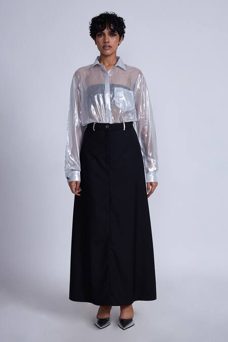 Buy_Advait_White Lurex Collared Foil Printed Lame Sheer Shirt _Online_at_Aza_Fashions