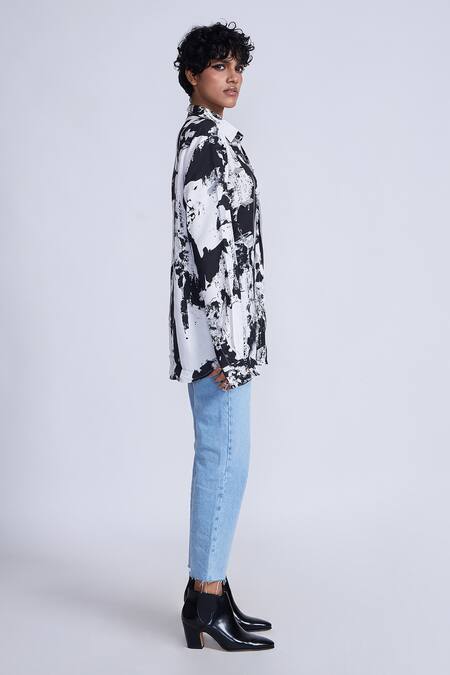 Advait Black Satin Sequins Collared And White Abstract Print Shirt Online at Aza Fashions Advait_Black Satin Sequins Collared And White Abstract Print Shirt _Online_at_Aza_Fashions