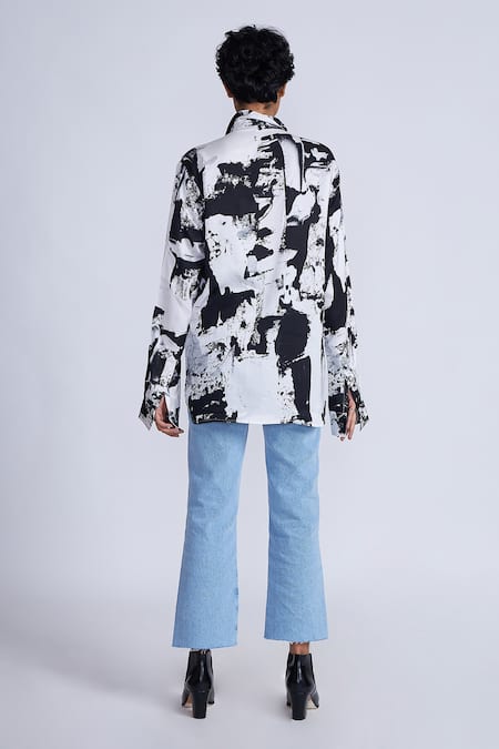 Shop Advait Black Satin Sequins Collared And White Abstract Print Shirt at Aza Fashions Shop_Advait_Black Satin Sequins Collared And White Abstract Print Shirt _at_Aza_Fashions
