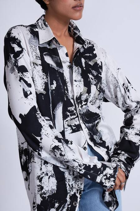 Buy Advait Black Satin Sequins Collared And White Abstract Print Shirt Online at Aza Fashions Buy_Advait_Black Satin Sequins Collared And White Abstract Print Shirt _Online_at_Aza_Fashions