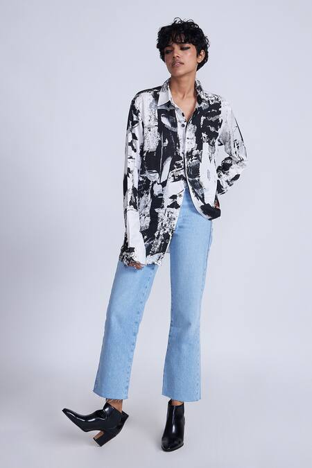 Shop Advait Black Satin Sequins Collared And White Abstract Print Shirt Online at Aza Fashions Shop_Advait_Black Satin Sequins Collared And White Abstract Print Shirt _Online_at_Aza_Fashions