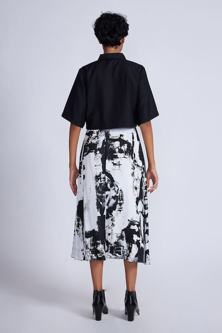 Shop_Advait_Black Satin, Twill Layered Abstract Print Culottes _at_Aza_Fashions