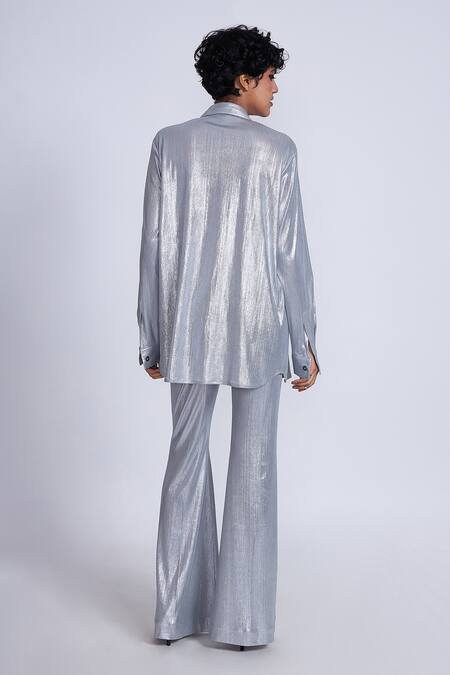 Shop_Advait_White Kota Doria Foil Printed Knit Flared Trouser _at_Aza_Fashions