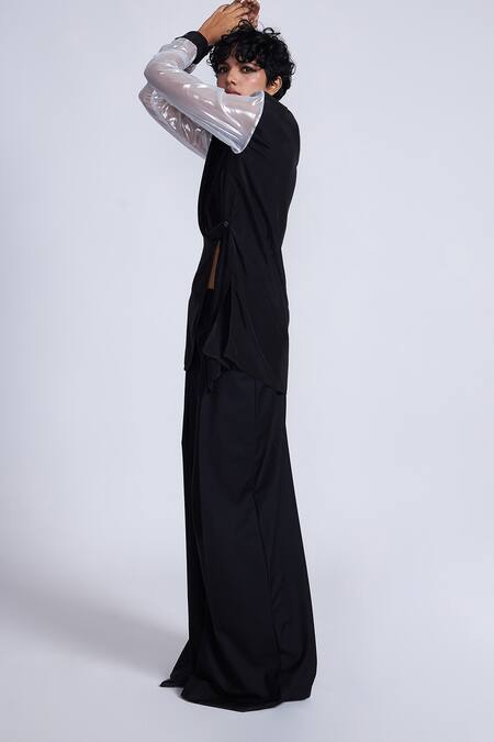 Advait Black Polyester, Cotton Collared Asymmetric Shirt With Sheer Sleeves Online at Aza Fashions Advait_Black Polyester, Cotton Collared Asymmetric Shirt With Sheer Sleeves_Online_at_Aza_Fashions