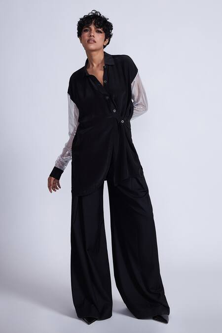 Buy Advait Black Polyester, Cotton Collared Asymmetric Shirt With Sheer Sleeves Online at Aza Fashions Buy_Advait_Black Polyester, Cotton Collared Asymmetric Shirt With Sheer Sleeves_Online_at_Aza_Fashions