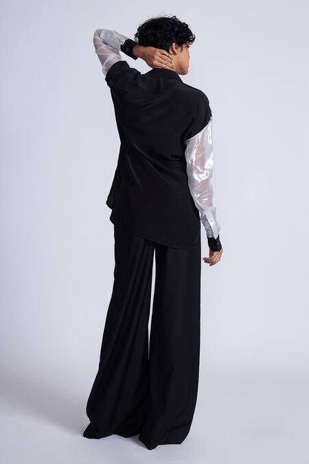 Shop Advait Black Polyester, Cotton Collared Asymmetric Shirt With Sheer Sleeves at Aza Fashions Shop_Advait_Black Polyester, Cotton Collared Asymmetric Shirt With Sheer Sleeves_at_Aza_Fashions