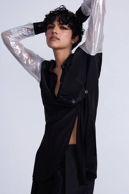 Shop Advait Black Polyester, Cotton Collared Asymmetric Shirt With Sheer Sleeves Online at Aza Fashions Shop_Advait_Black Polyester, Cotton Collared Asymmetric Shirt With Sheer Sleeves_Online_at_Aza_Fashions