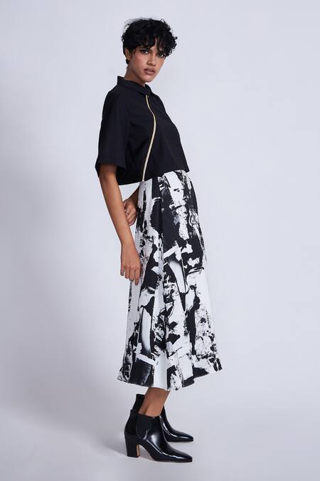 Advait_Black Polyester, Cotton Collared Asymmetrical Zip Crop Shirt _Online_at_Aza_Fashions