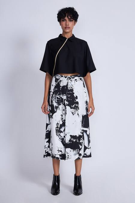 Buy_Advait_Black Polyester, Cotton Collared Asymmetrical Zip Crop Shirt _Online_at_Aza_Fashions