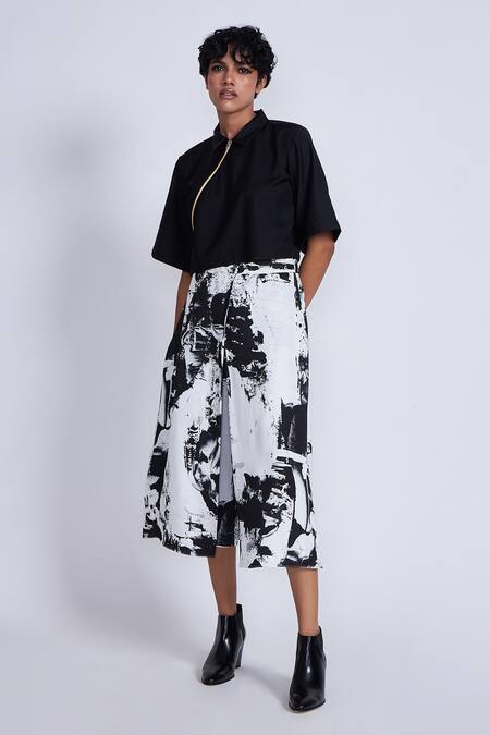 Shop_Advait_Black Polyester, Cotton Collared Asymmetrical Zip Crop Shirt _Online_at_Aza_Fashions