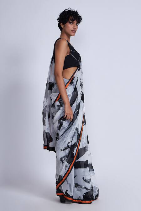 Advait_Black Organza Halter Neck V Piping Blouse_Online_at_Aza_Fashions