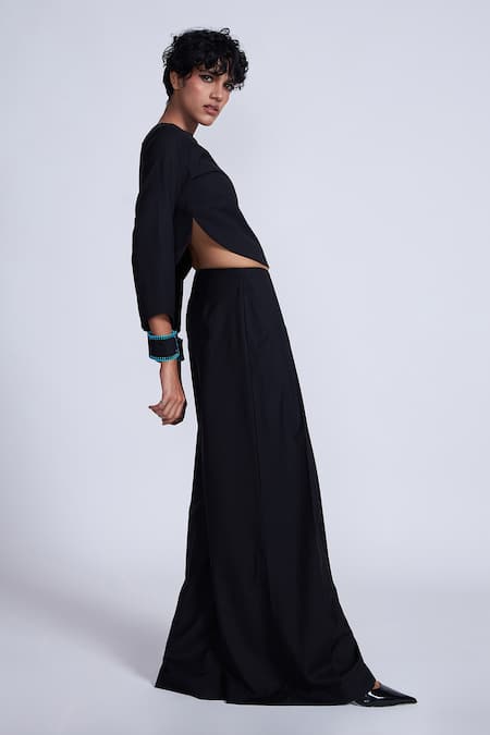 Advait_Black Polyester, Cotton Collared Curved Hem Crop Top _Online_at_Aza_Fashions