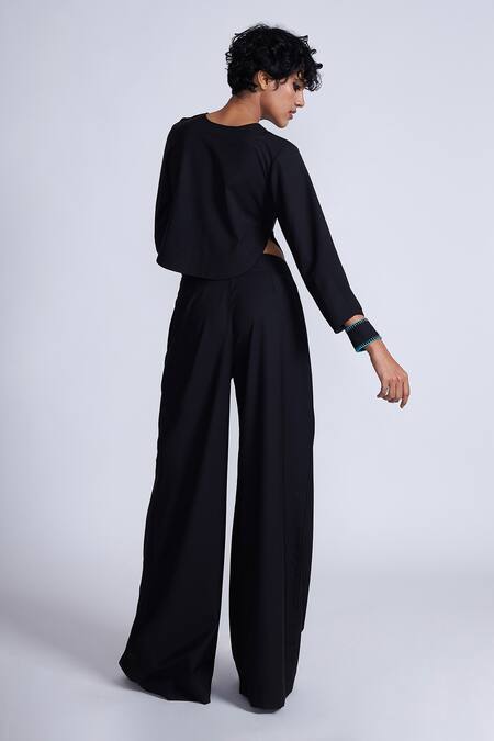 Shop_Advait_Black Polyester, Cotton Collared Curved Hem Crop Top _at_Aza_Fashions