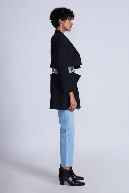 Advait_Black Polyester, Cotton Deconstructed Blazer _Online_at_Aza_Fashions