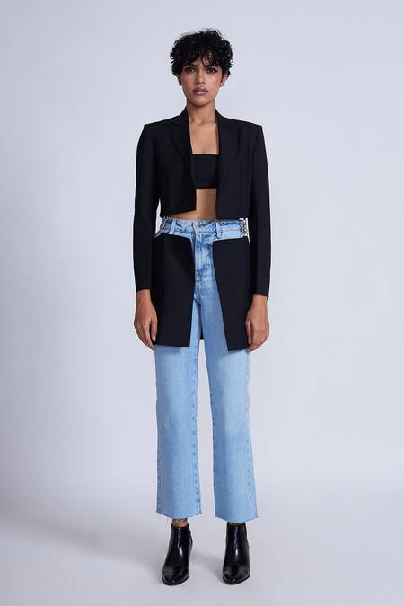 Buy_Advait_Black Polyester, Cotton Deconstructed Blazer _Online_at_Aza_Fashions