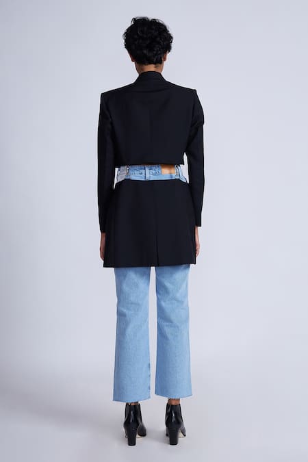 Shop_Advait_Black Polyester, Cotton Deconstructed Blazer _at_Aza_Fashions