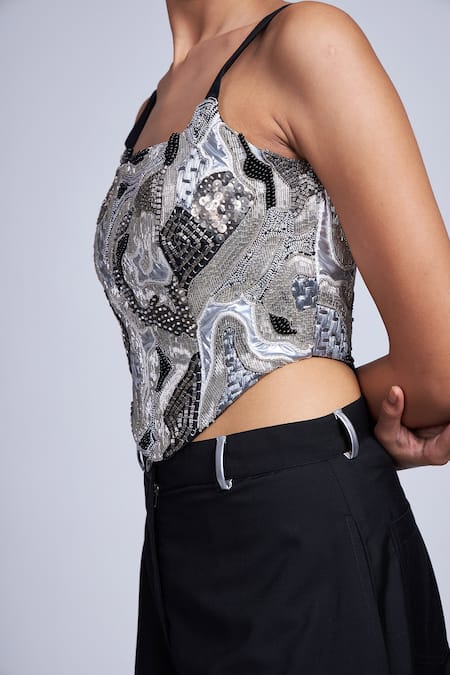 Advait_Black Polyester, Cotton Sequins Square Neck Embroidered Corset Top _Online_at_Aza_Fashions