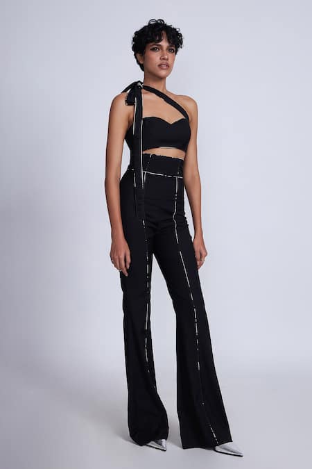 Advait_Black Polyester, Cotton Piping Detail Flared Trouser _Online_at_Aza_Fashions