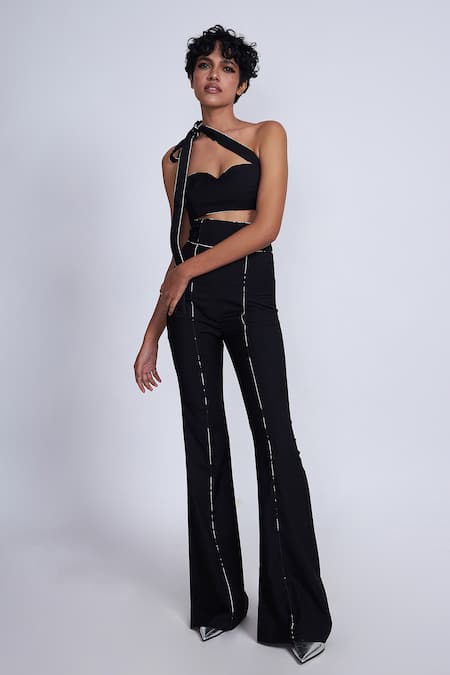 Buy_Advait_Black Polyester, Cotton Piping Detail Flared Trouser _Online_at_Aza_Fashions