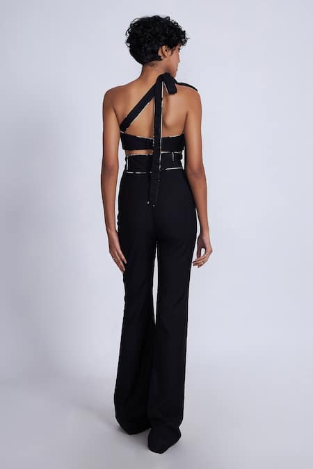 Shop_Advait_Black Polyester, Cotton Piping Detail Flared Trouser _at_Aza_Fashions
