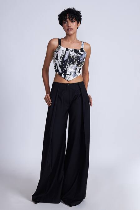 Advait_Black Polyester, Cotton Wide Legged Kuro Pleated Trouser _Online_at_Aza_Fashions