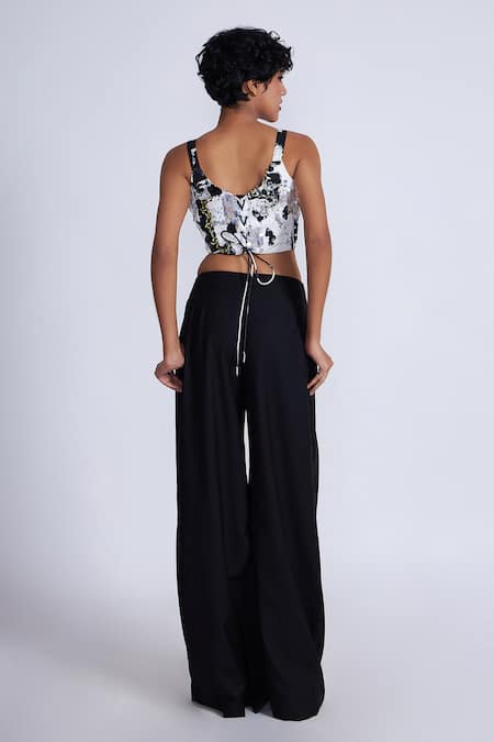 Shop_Advait_Black Polyester, Cotton Wide Legged Kuro Pleated Trouser _at_Aza_Fashions