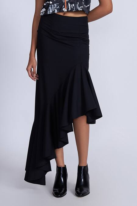 Advait_Black Polyester, Cotton Ruffles Long Skirt _Online_at_Aza_Fashions