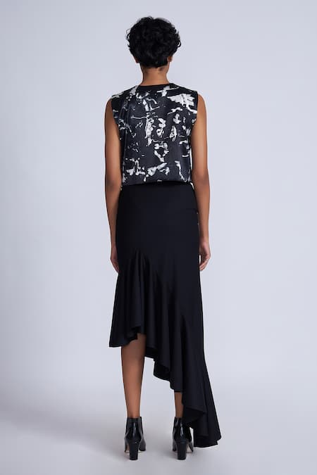 Shop_Advait_Black Polyester, Cotton Ruffles Long Skirt _at_Aza_Fashions