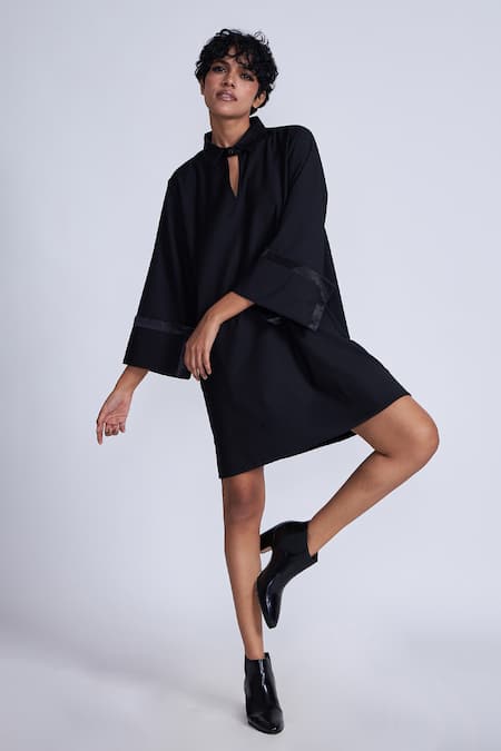 Advait_Black Polyester, Cotton V-neck Flared Sleeve Shift Dress _Online_at_Aza_Fashions