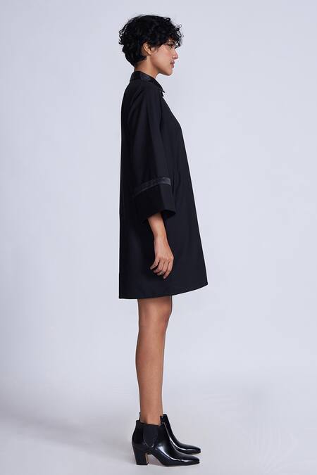 Buy_Advait_Black Polyester, Cotton V-neck Flared Sleeve Shift Dress _Online_at_Aza_Fashions