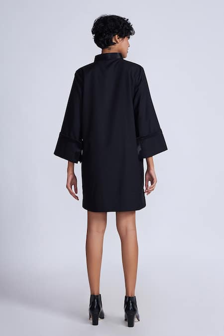 Shop_Advait_Black Polyester, Cotton V-neck Flared Sleeve Shift Dress _at_Aza_Fashions
