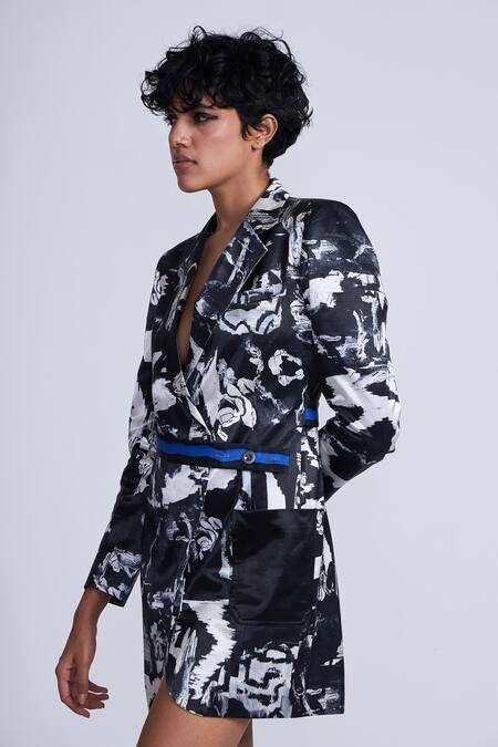 Advait Black Gabardine Collared Asymmetrical Abstract Print Blazer Dress Online at Aza Fashions Advait_Black Gabardine Collared Asymmetrical Abstract Print Blazer Dress_Online_at_Aza_Fashions