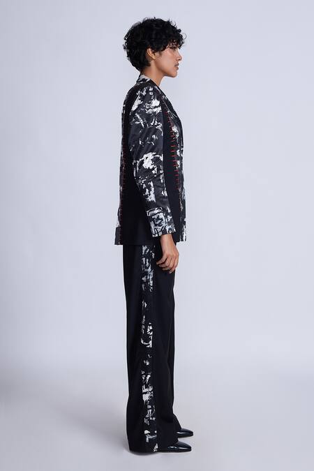 Advait_Black Gingham Embroidery Splash Print Blazer _Online_at_Aza_Fashions