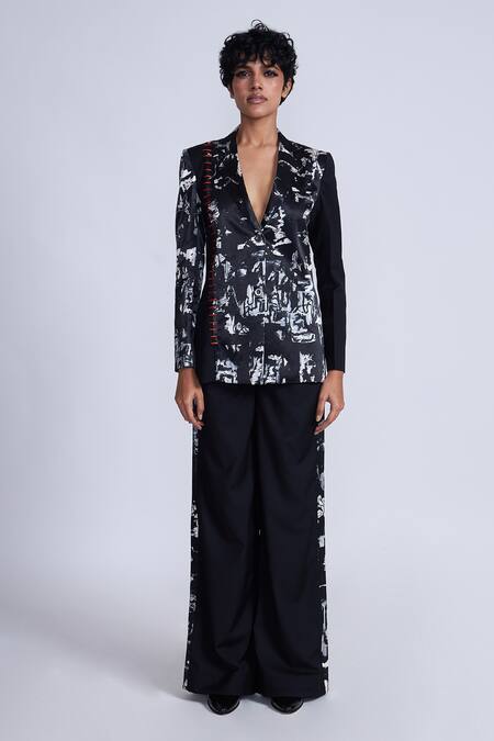 Shop_Advait_Black Gingham Embroidery Splash Print Blazer _at_Aza_Fashions