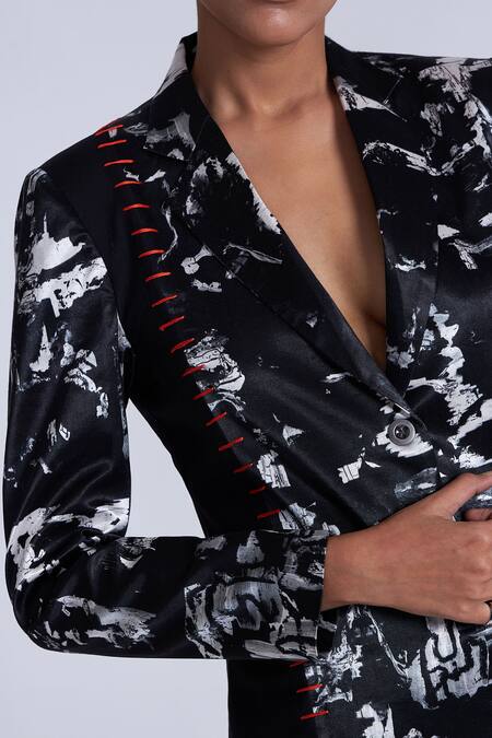 Buy_Advait_Black Gingham Embroidery Splash Print Blazer _Online_at_Aza_Fashions
