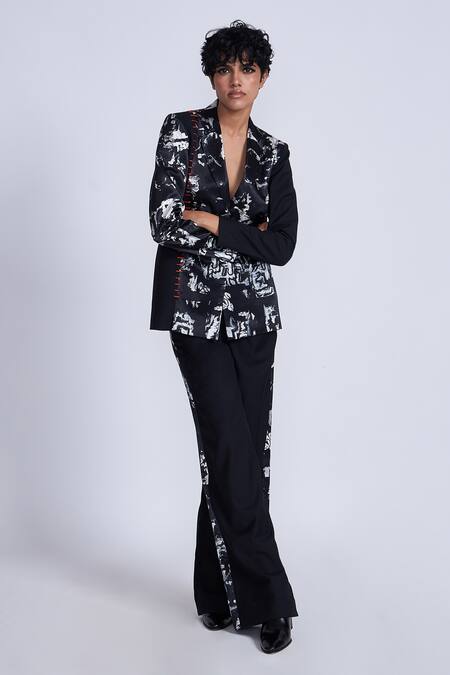 Advait_Black Polyester, Cotton Patchwork Placement Print Trouser_Online_at_Aza_Fashions