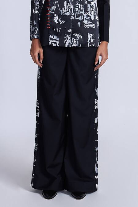 Buy_Advait_Black Polyester, Cotton Patchwork Placement Print Trouser_Online_at_Aza_Fashions