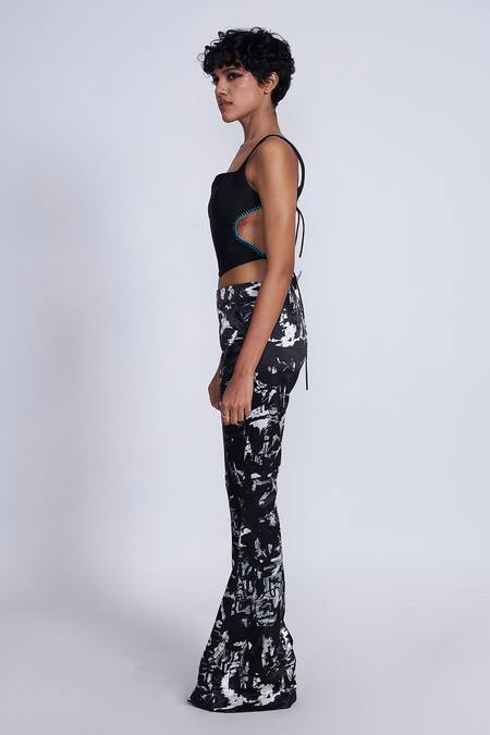 Advait_Black Gingham Paint Splash Printed Flared Trouser_Online_at_Aza_Fashions
