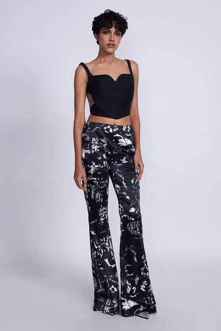 Buy_Advait_Black Gingham Paint Splash Printed Flared Trouser_Online_at_Aza_Fashions