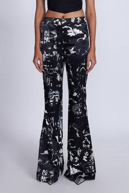 Shop_Advait_Black Gingham Paint Splash Printed Flared Trouser_Online_at_Aza_Fashions