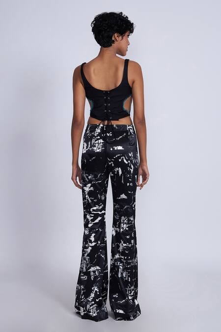 Shop_Advait_Black Gingham Paint Splash Printed Flared Trouser_at_Aza_Fashions