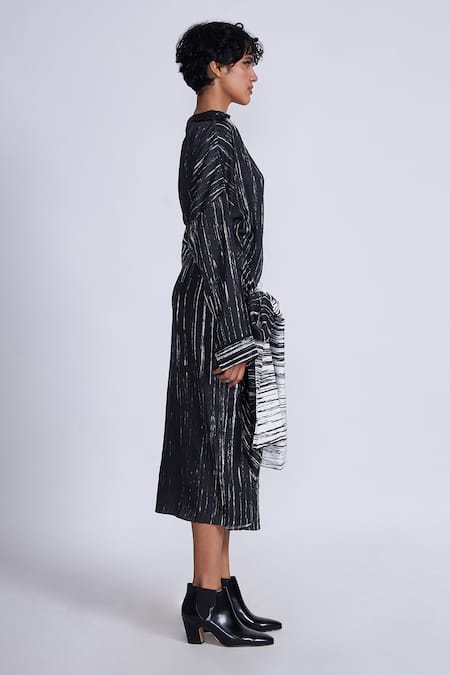Advait_Black Satin Collared Stripe Print Midi Dress _Online_at_Aza_Fashions